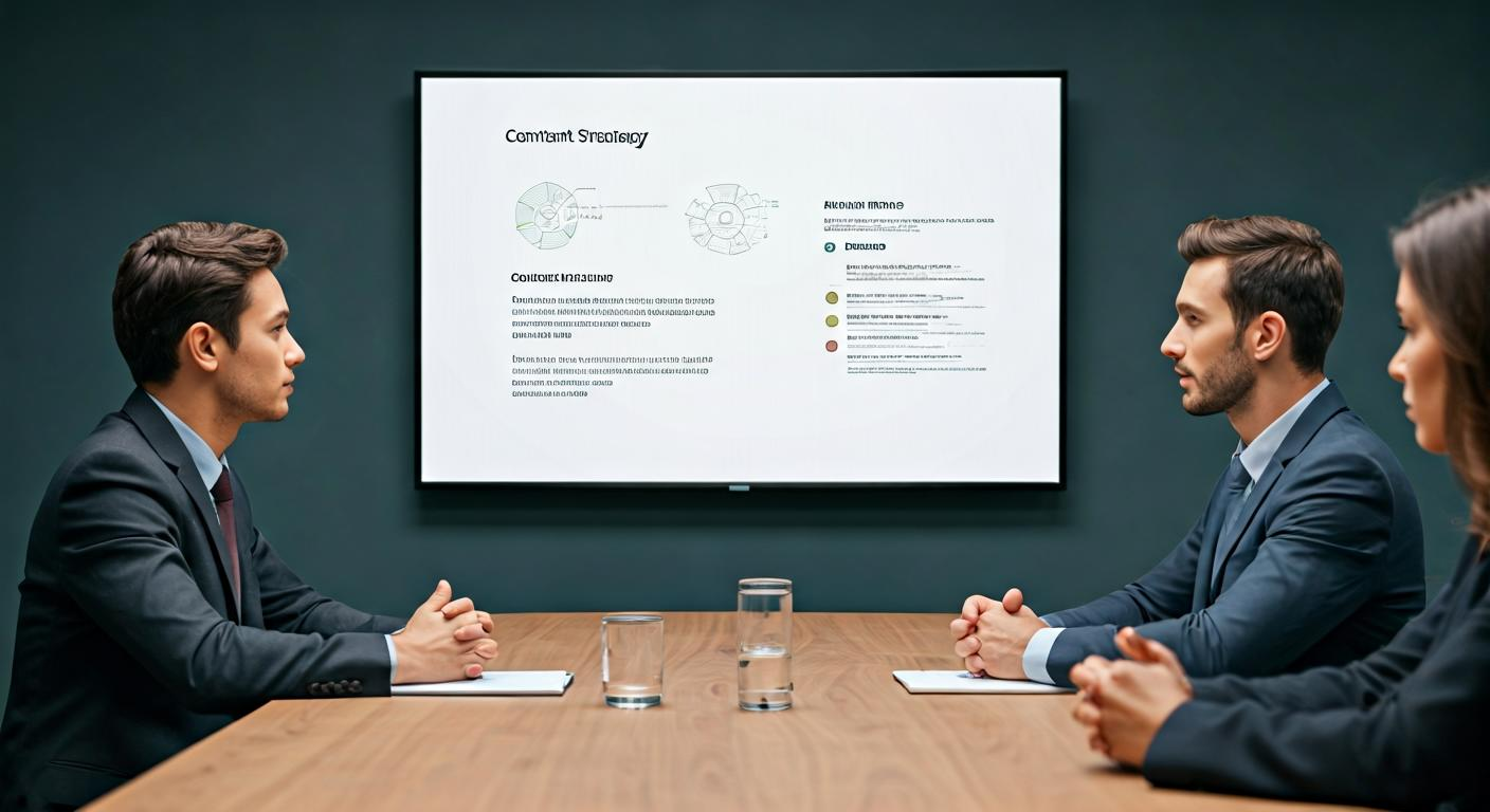 Client meeting in a boardroom with a presentation on a screen showing content strategy pillars and audience segments.