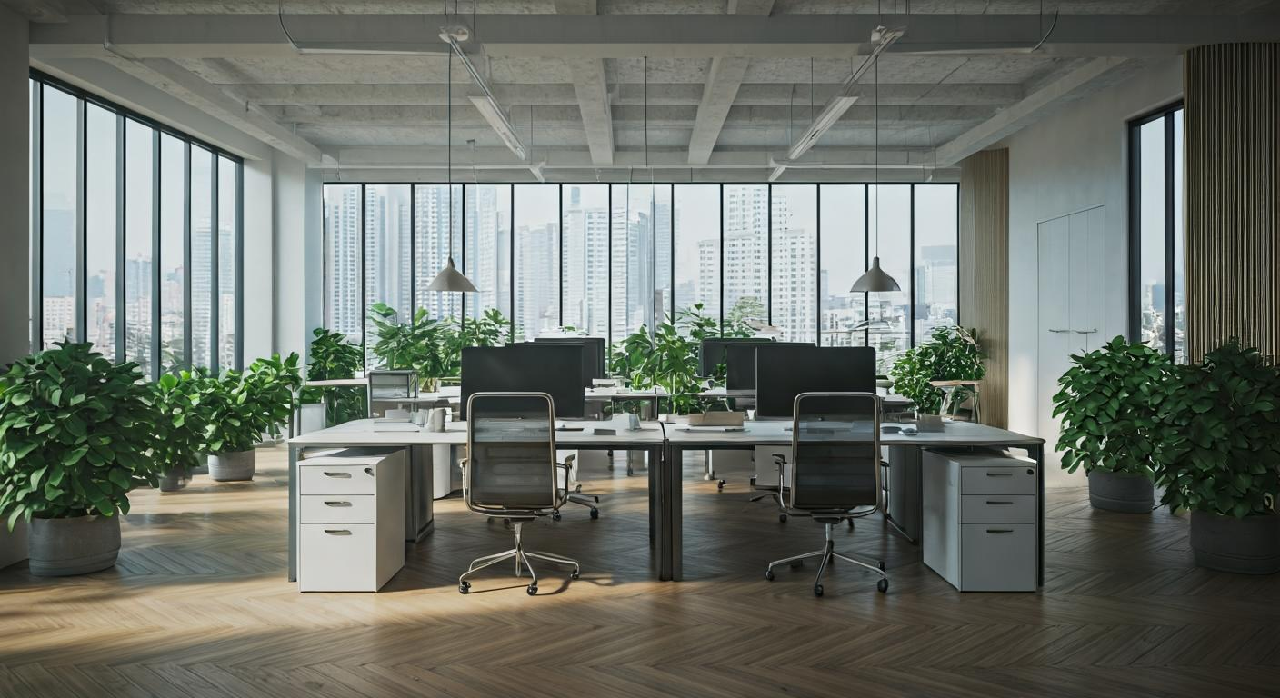 Bright Kuala Lumpur office interior with collaborative desks, indoor plants, and natural light, illustrating a calm editorial workspace.