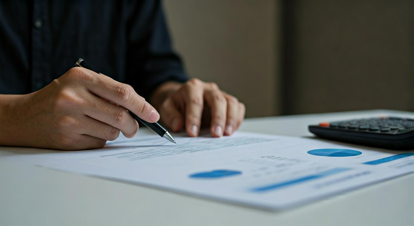 Strategist reviewing market research and customer interview notes on a table with printed charts and handwritten insights.