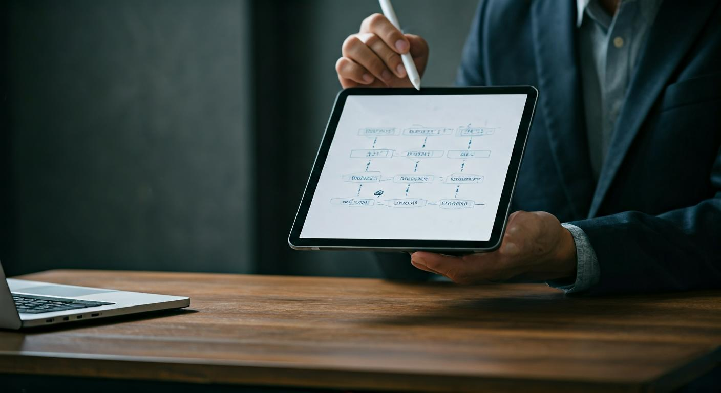 Business professionals reviewing a whitepaper draft and lead nurturing flow on a tablet, representing B2B content marketing planning.