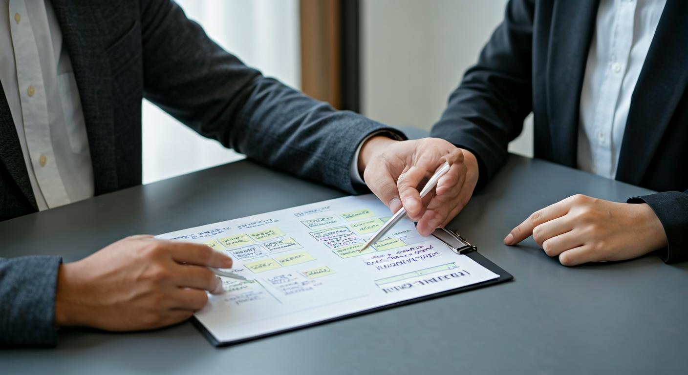 Consultant speaking with a client in a meeting room, pointing at a content plan document with notes about messaging and campaign phases.