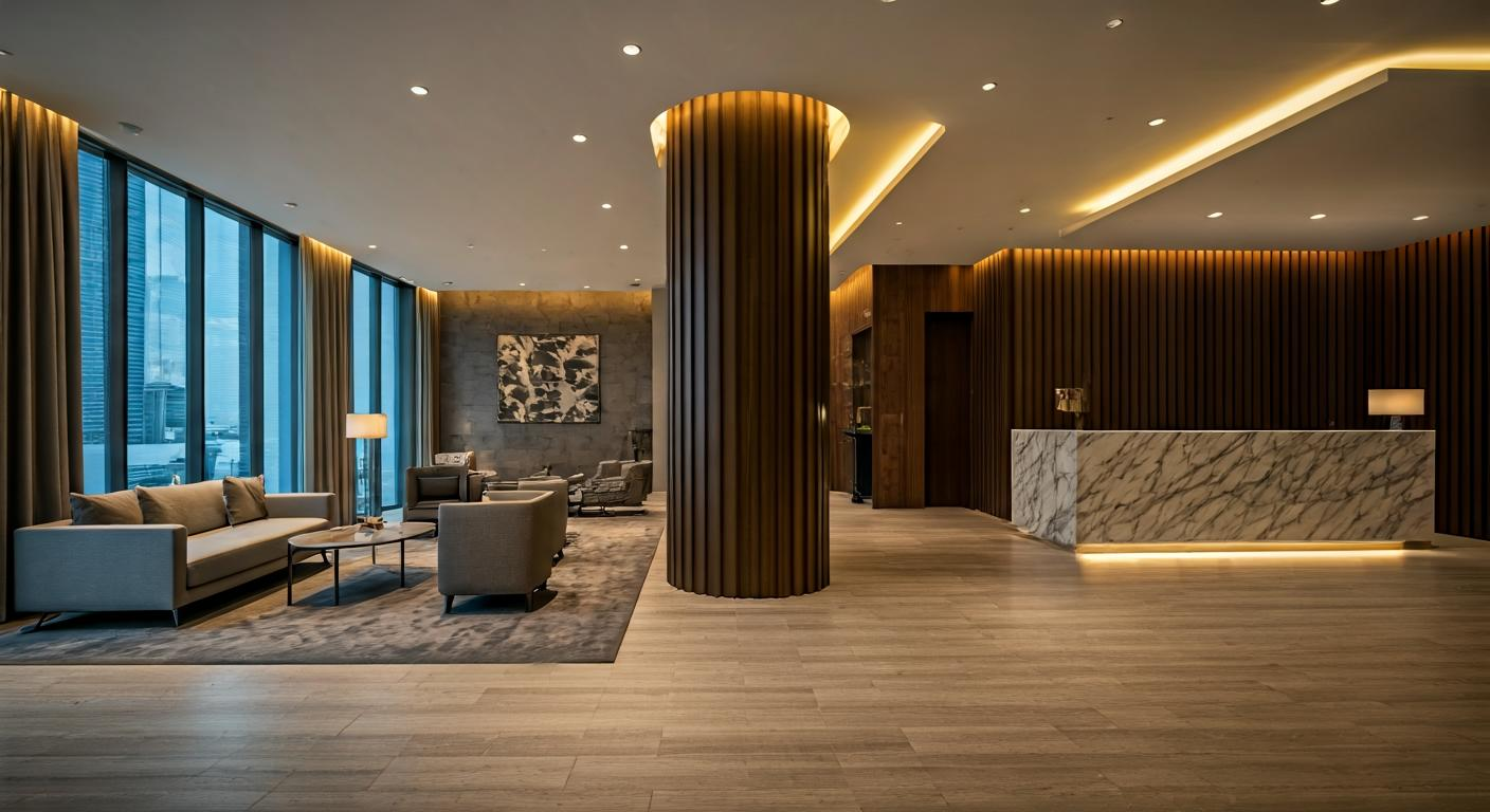 Reception area in a Kuala Lumpur business tower with warm lighting, neutral seating, and a professional atmosphere.