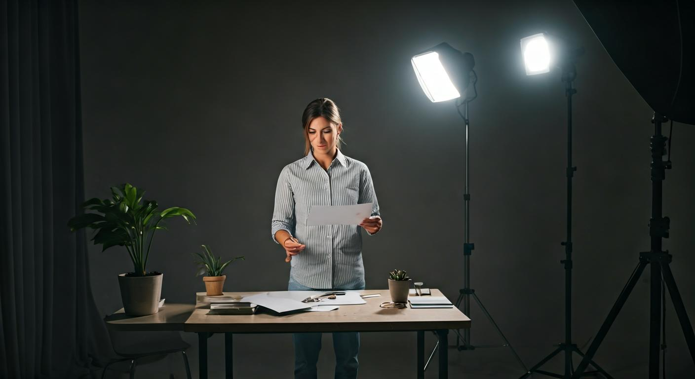 Content creator organizing a photoshoot brief and visual guidelines for a brand campaign in a bright studio setting.