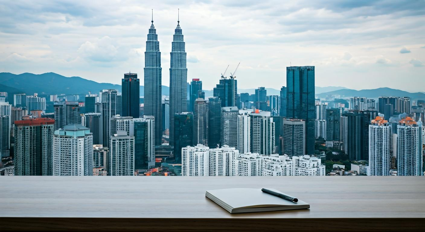 Modern office desk with laptop, notebook, and city skyline view of Kuala Lumpur during daytime, representing strategic content planning and urban business energy.