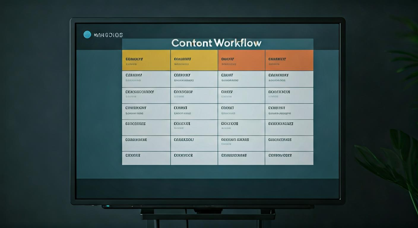 Content workflow board with stages labeled discovery, strategy, production, and launch, displayed on a digital whiteboard in a modern office.