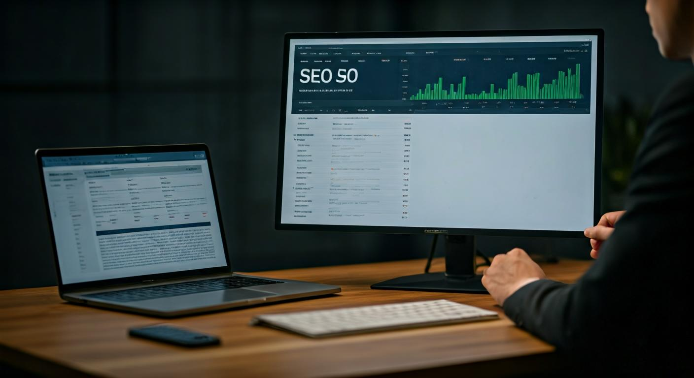 SEO analyst reviewing content performance dashboards and keyword opportunities on a large monitor in an office setting.