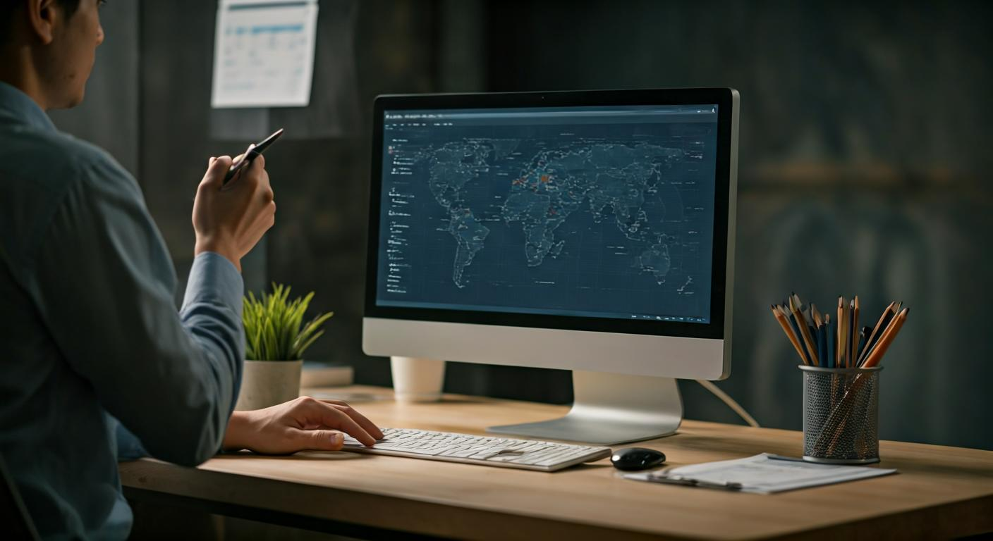 Researcher reviewing keyword mapping and search data on dual monitors, preparing SEO-ready content for website growth.