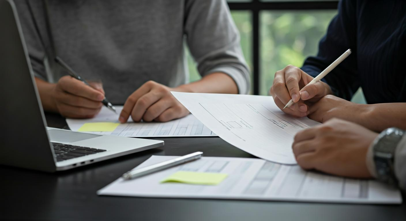 Creative team planning content production with a detailed checklist, laptops, and printed schedules in a modern meeting room.