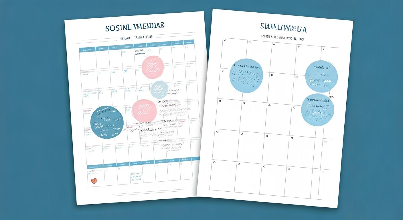 Detailed social media calendar printed on large sheets with notes on post themes and engagement objectives.
