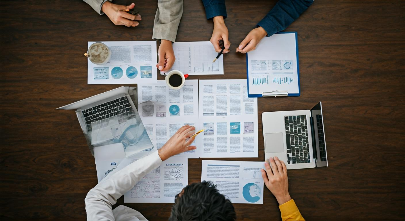 Team of content strategists discussing messaging frameworks around a table with printed briefs, laptops, and market research reports.